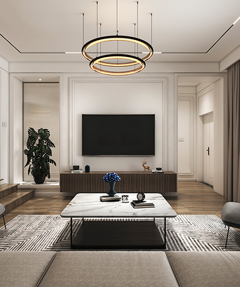 Интерьер гостиной с дизайнерской люстрой